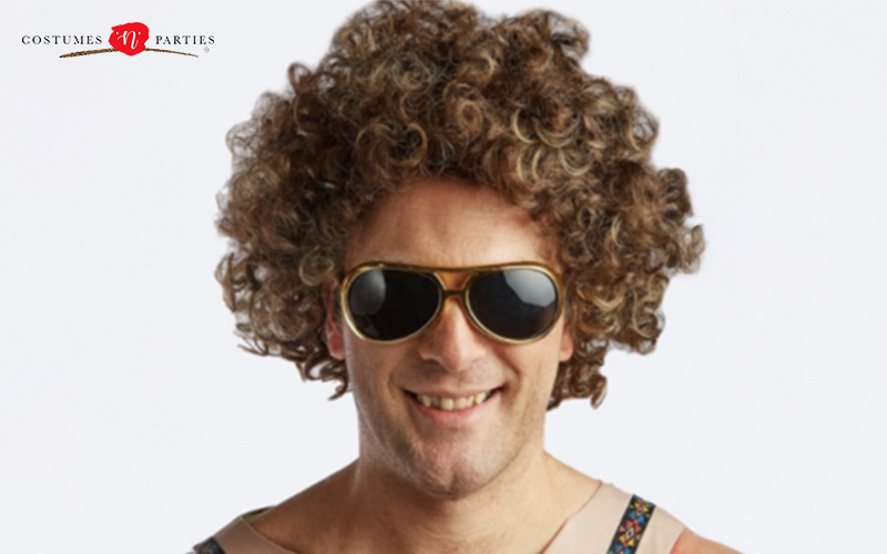 Man in a curly brown wig and sunglasses.